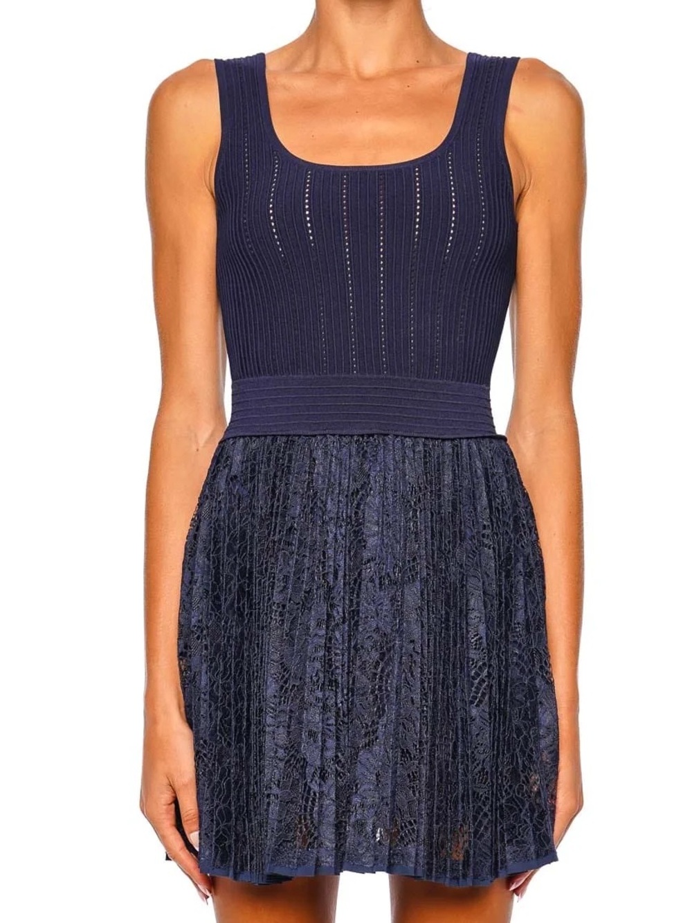 SIMKHAI
ELLIS MIDNIGHT SLEEVELESS LACE KNIT MINI DRESS
